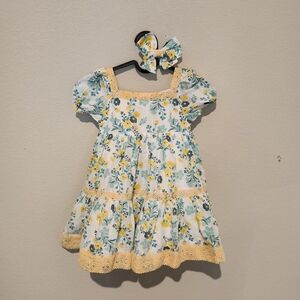 Joie, Floral Dress In Yellow and Blue Tiered Design with Bow